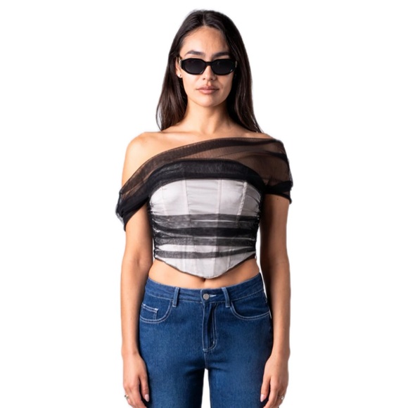 Finesse Baer Black Tulle Off Shoulder Top Large - Picture 1 of 6